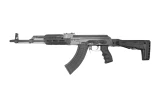 Pioneer Arms Sporter UTG AK-47 rifle chambered in 7.62×39mm displayed on a seamless white studio backdrop, showcasing the stamped steel receiver, UTG tactical furniture, threaded barrel, side optics rail, and matte black factory finish.