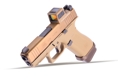 Custom built Glock 43X MOS in coyote tan using best in class components. Build highlights - Shield Arms 15+2-round magazines, Overwatch Precision duty-rated flat faced trigger, holosun optic and other precision accessories.