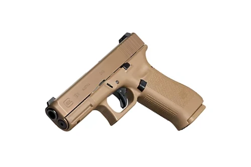 Factory-new GLOCK 19X Gen5 with factory night sights displayed on a seamless white studio backdrop, highlighting the coyote nPVD slide, matching polymer frame, GLOCK Marksman Barrel, compact crossover design, and genuine factory steel night sights.