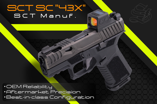 Custom built SCT SC '43X' (Glock 43x clone) with ported barrel and best in class components. Build highlights - Shield Arms 15-round magazines, Overwatch Precision duty-rated flat faced trigger, holosun optic and other precision accessories.