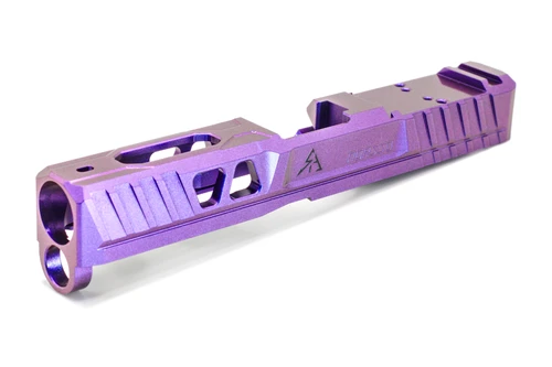 Amethyst Nova Cerakote pistol slide, iridescent violet finish, front view