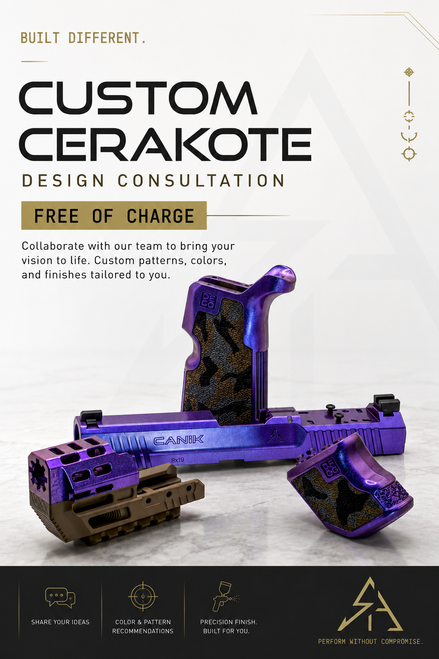 Professional product display promoting a free Custom Cerakote Design Consultation featuring premium Cerakote-finished Canik pistol components on a clean white studio backdrop with modern engineering-inspired branding, personalized color recommendations, and custom firearm finishing services.