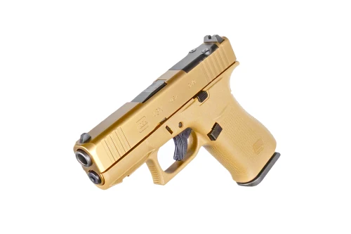 Complete GLOCK 43X MOS Coyote factory package arranged on a bright white background featuring the pistol, two OEM 10-round magazines, MOS optics mounting rail, magazine loader, cleaning kit, owner's manual, and factory hard case.