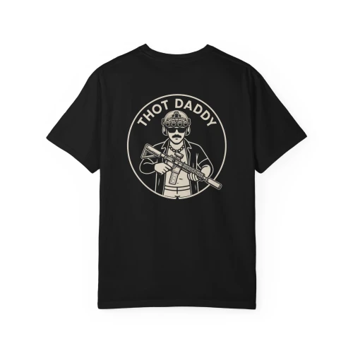 THOT DADDY™ graphic t-shirt displayed on a clean white studio backdrop, highlighting the bold front design with sharp detail and a minimalist product presentation ideal for premium apparel showcases.