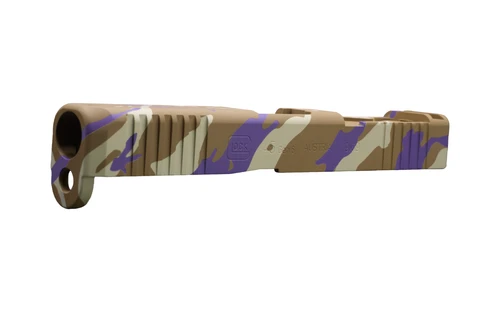 Amethyst Tiger custom Cerakote pistol slide, tiger stripe pattern with purple accent