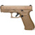 Detailed close-up of the factory GLOCK 19X Gen5 showcasing the genuine factory steel night sights, aggressive slide profile, coyote nPVD finish, ambidextrous controls, and premium factory craftsmanship against a bright white product backdrop.