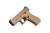 Factory-new GLOCK 19X Gen5 with factory night sights displayed on a seamless white studio backdrop, highlighting the coyote nPVD slide, matching polymer frame, GLOCK Marksman Barrel, compact crossover design, and genuine factory steel night sights.