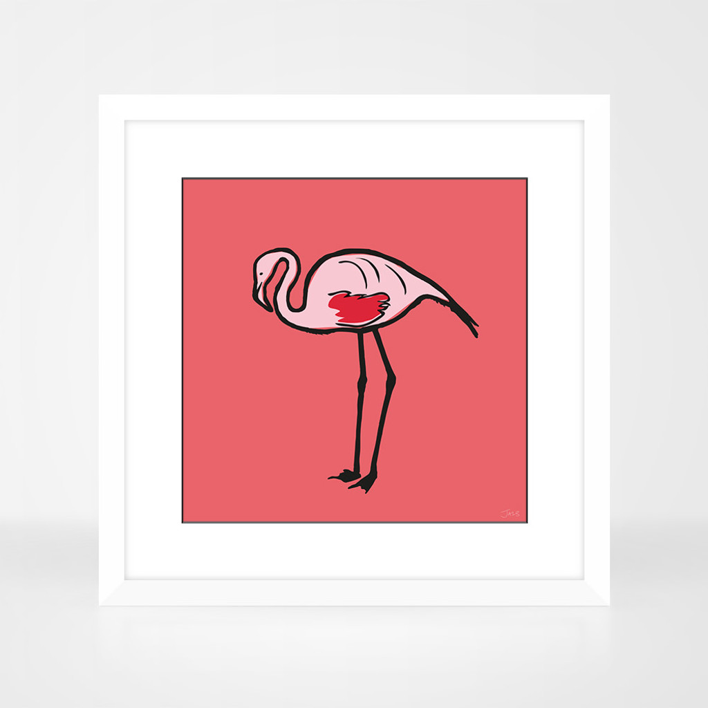 Flamingo White Framed Print by Jacky Al-Samarraie