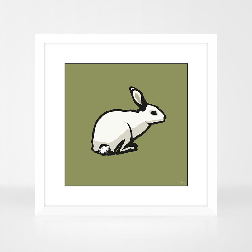 Rabbit animal print in a white wood frame by Jacky Al-Samarraie.