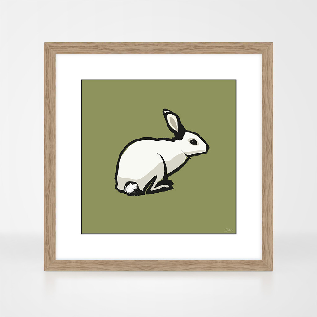 Rabbit animal print in a natural oak wood frame by Jacky Al-Samarraie.