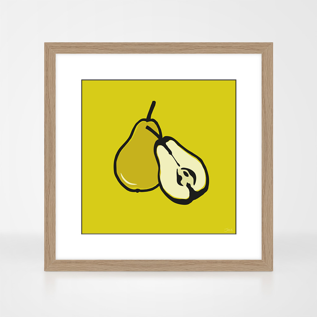 Pear Fruit Print in a natural oak wood frame by Jacky Al-Samarraie