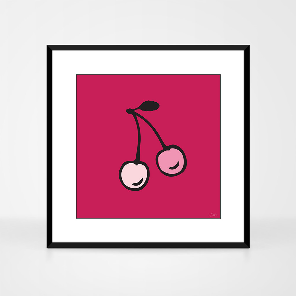 Graphic art print of cherries by designer Jacky Al-Samarraie.  The print is shown in a black aluminium frame.