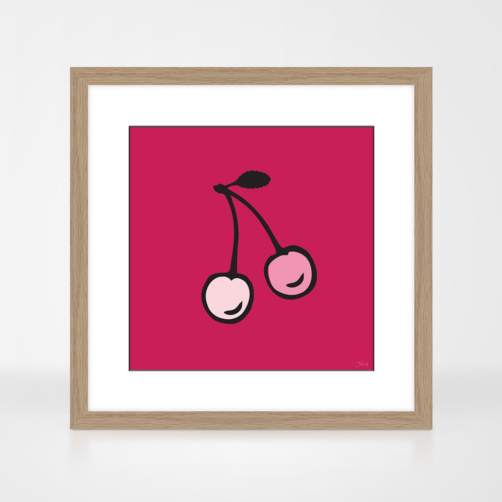 Cherry Fruit Print in a natural oak wood frame by Jacky Al-Samarraie
