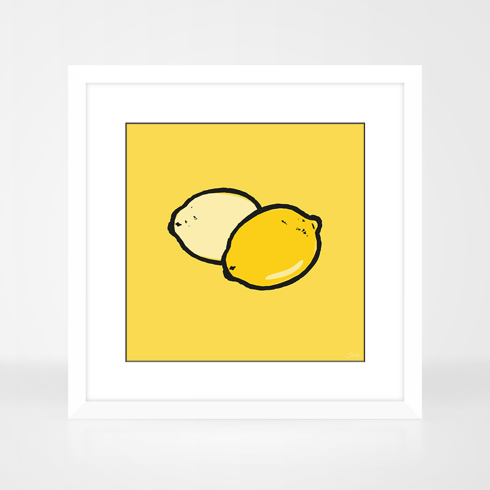 Lemon fruit print in a white wood frame by Jacky Al-Samarraie.