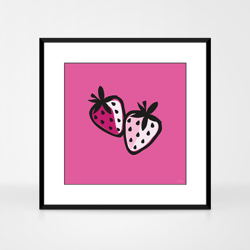 Graphic art print of strawberries by designer Jacky Al-Samarraie.  The print is shown in a black aluminium frame.