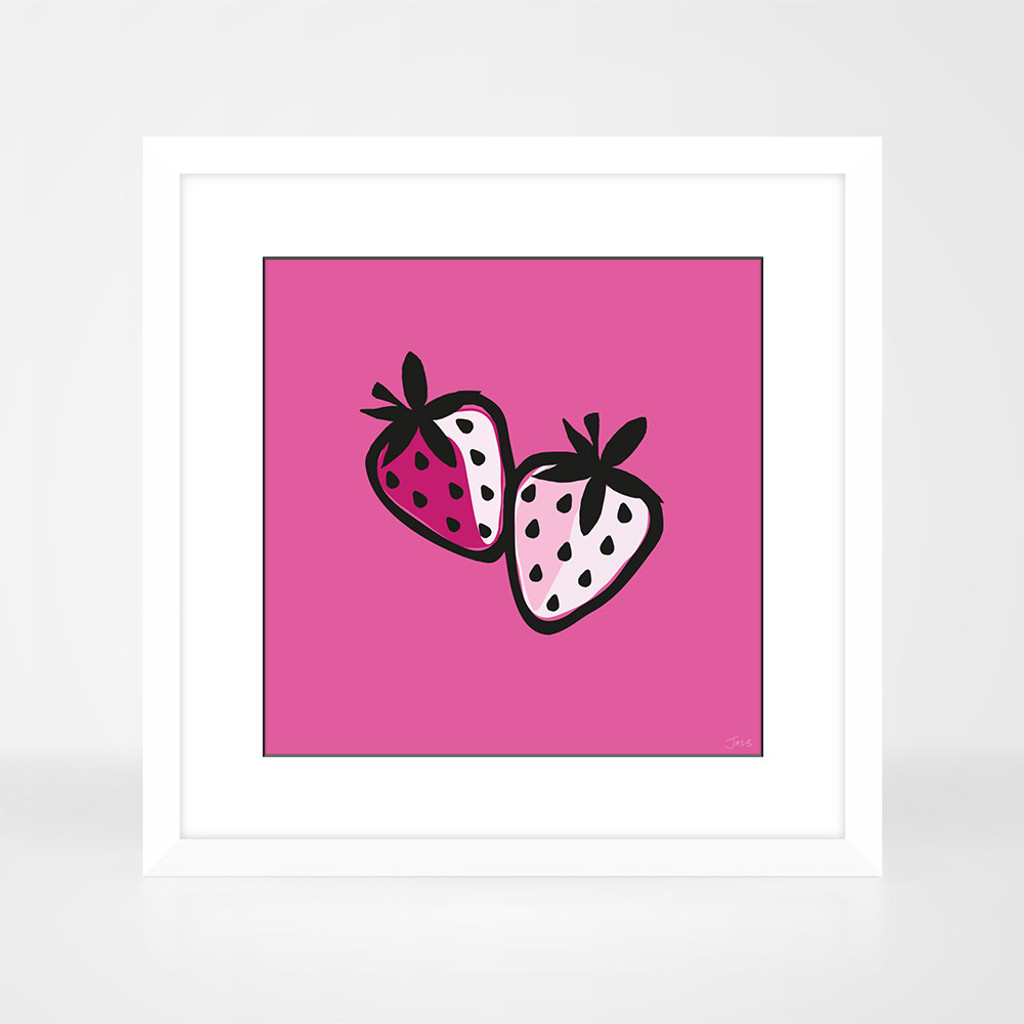 Strawberry fruit print in a white wood frame by Jacky Al-Samarraie.