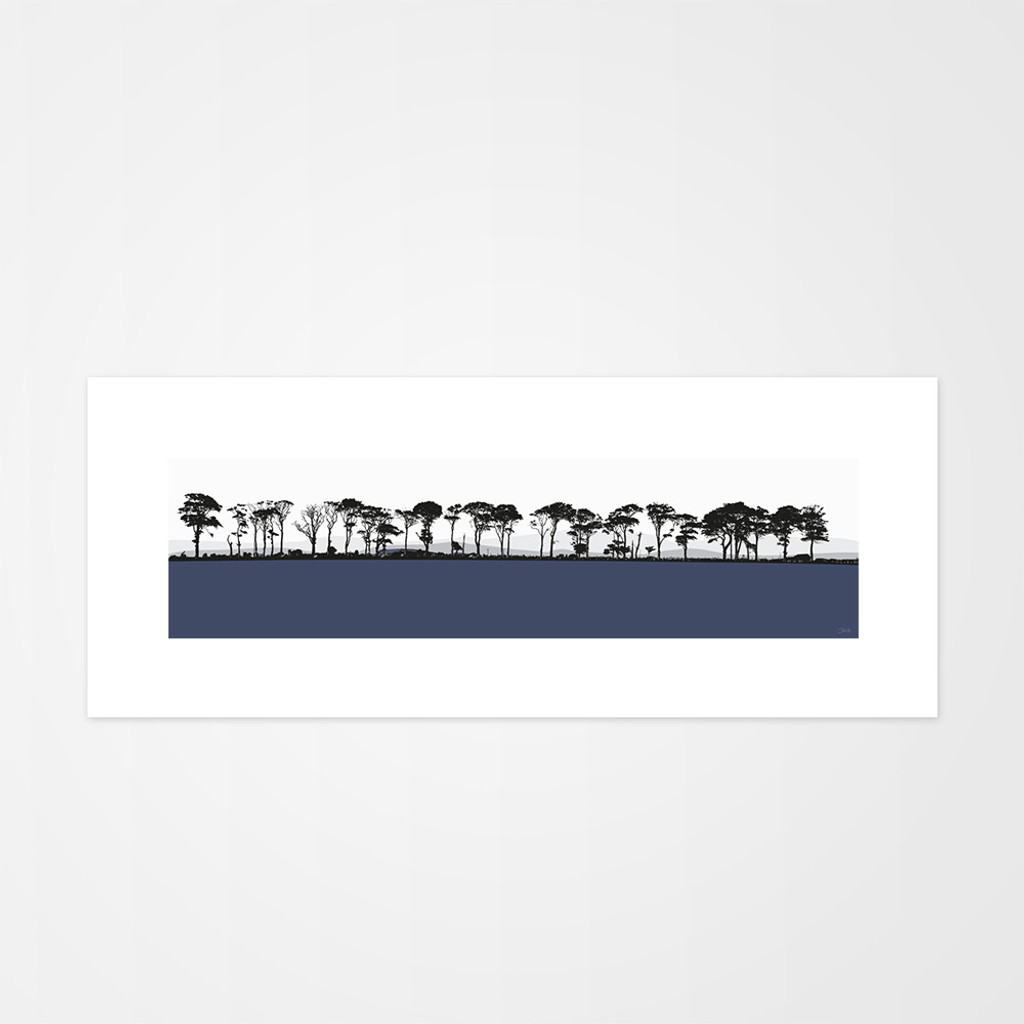 Landscape print of Northumberland countryside by designer Jacky Al-Samarraie. Print colour is blue.