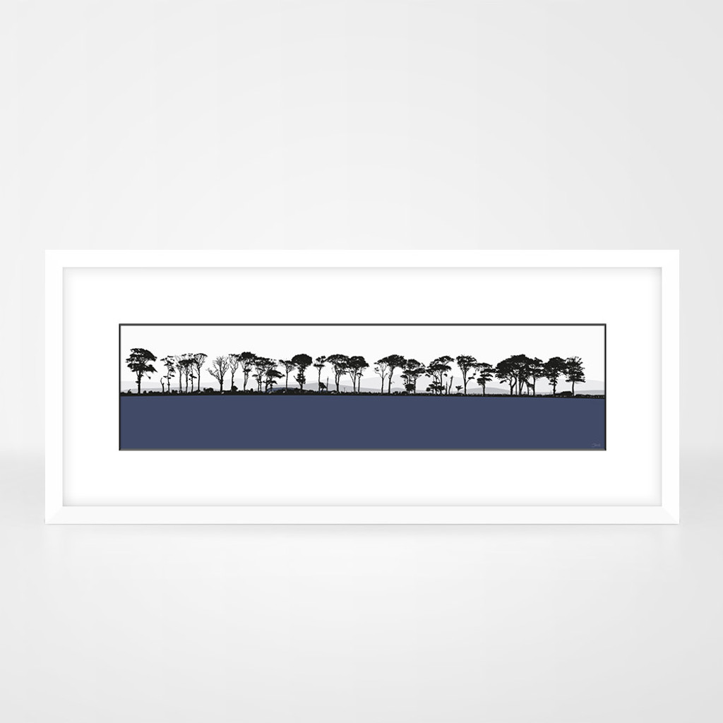 Art print of Northumberland countryside by designer Jacky Al-Samarraie, mounted and framed. The print colour is blue.