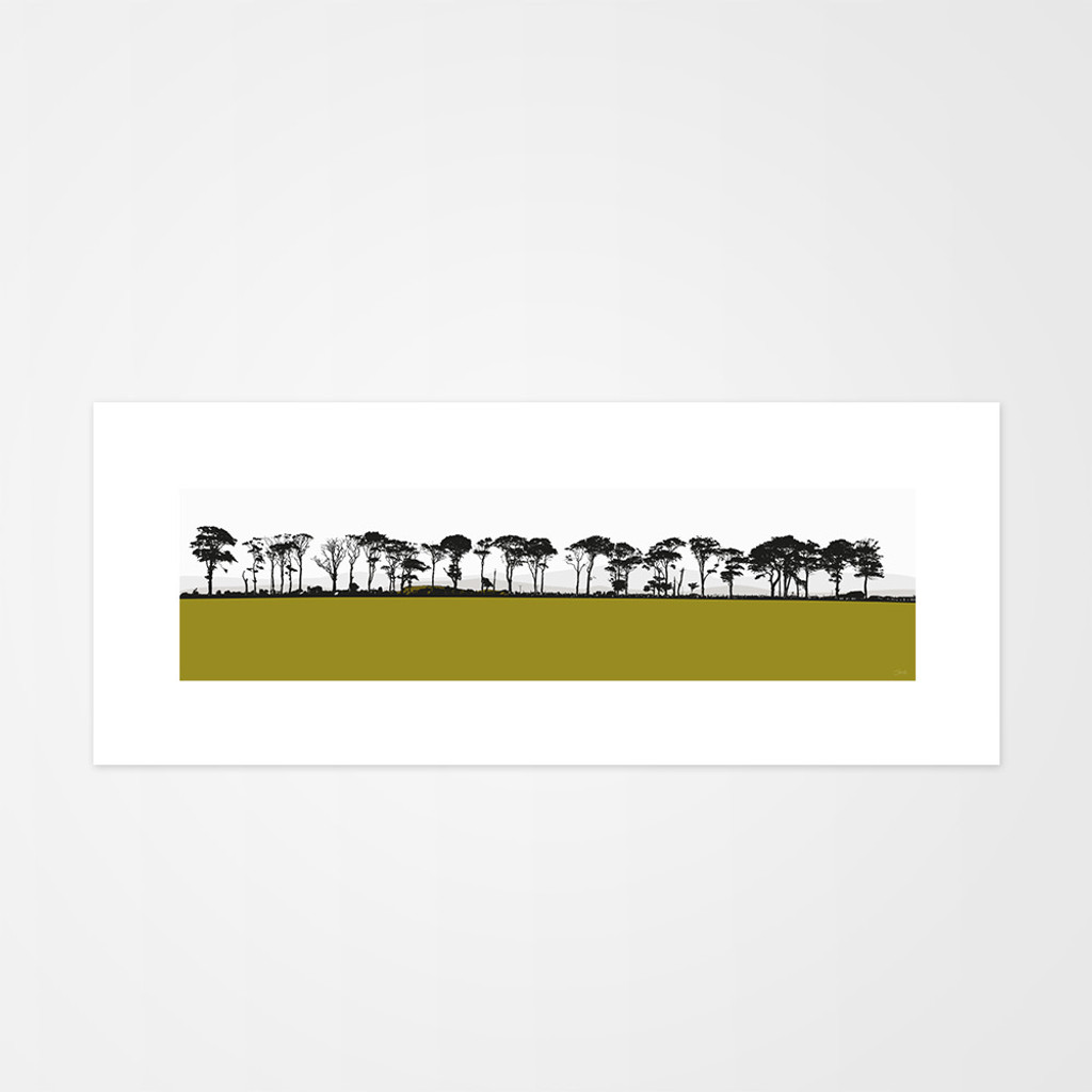 Landscape print of Northumberland countryside by designer Jacky Al-Samarraie.  Print colour is green.