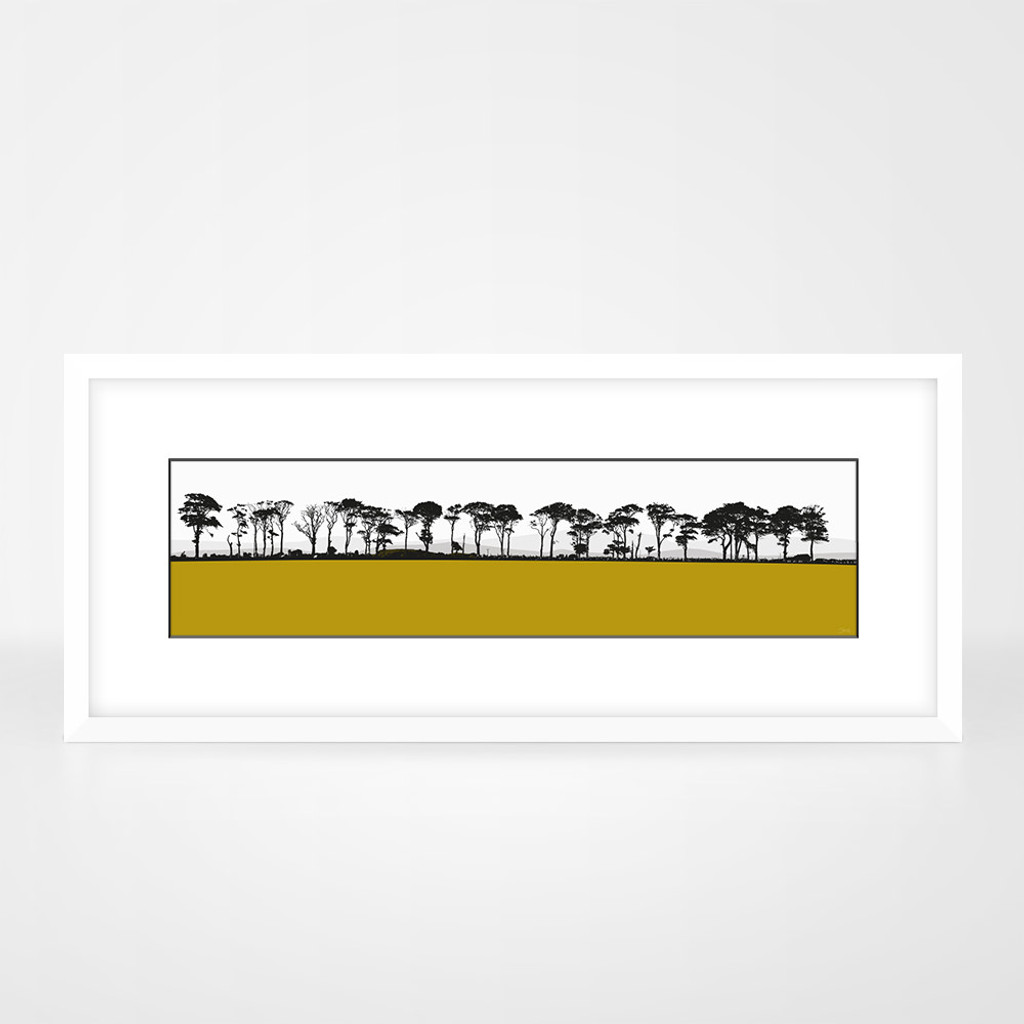 Art print of Northumberland countryside by designer Jacky Al-Samarraie, mounted and framed. The print colour is mustard.