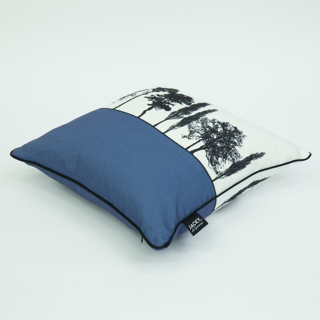 Side view of blue English countryside cushion by designer Jacky Al-Samarraie