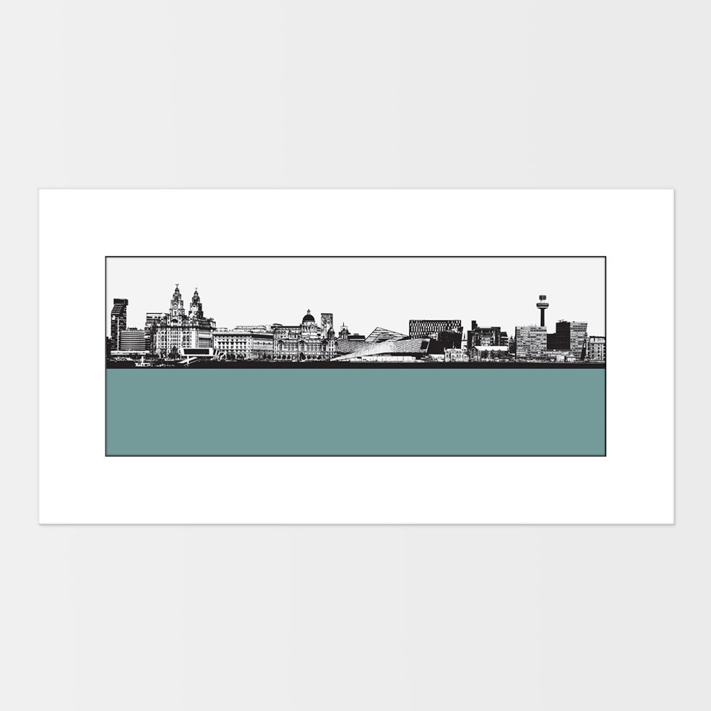 Landscape print of Liverpool city skyline from the River Mersey by designer Jacky Al-Samarraie.