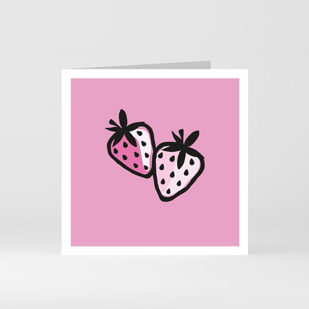 A modern graphic greeting card of strawberry fruit by designer Jacky Al-Samarraie