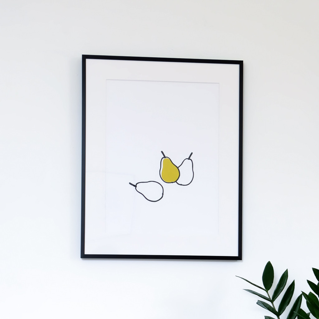 Framed Screen-Print of Pears on wall by Jacky Al-Samarraie