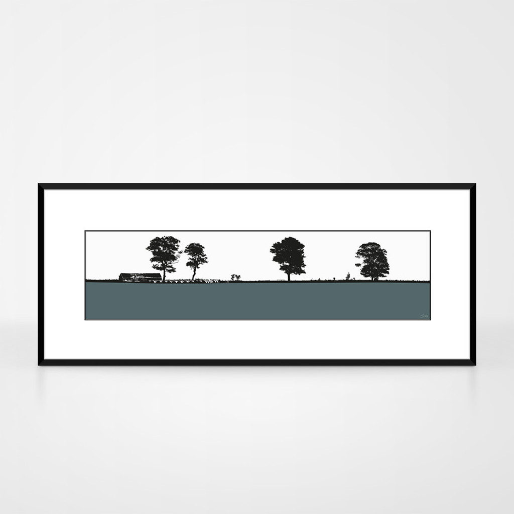 Landscape print of Elie in Fife, Scotland designer Jacky Al-Samarraie.  The print is shown in a frame.