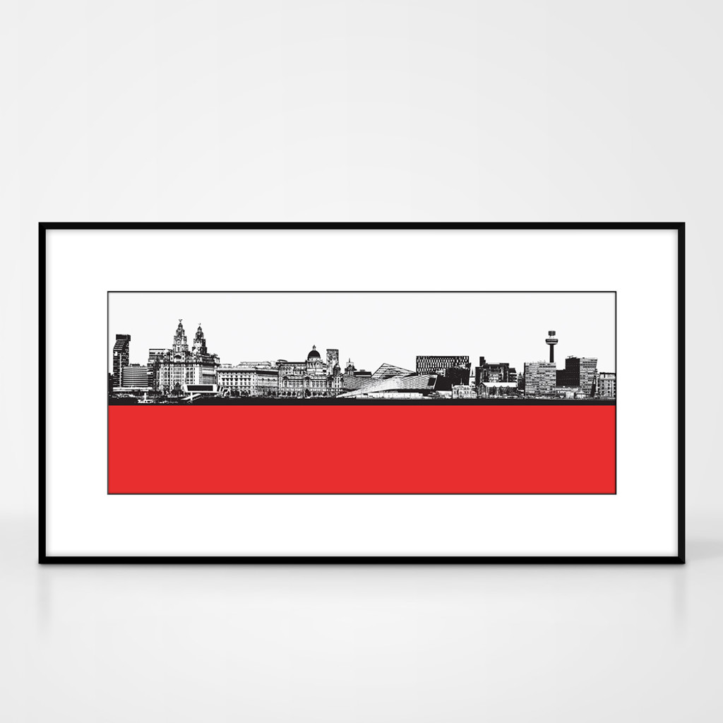 Landscape print of Liverpool city skyline from the River Mersey by designer Jacky Al-Samarraie.  Shown in frame for reference.