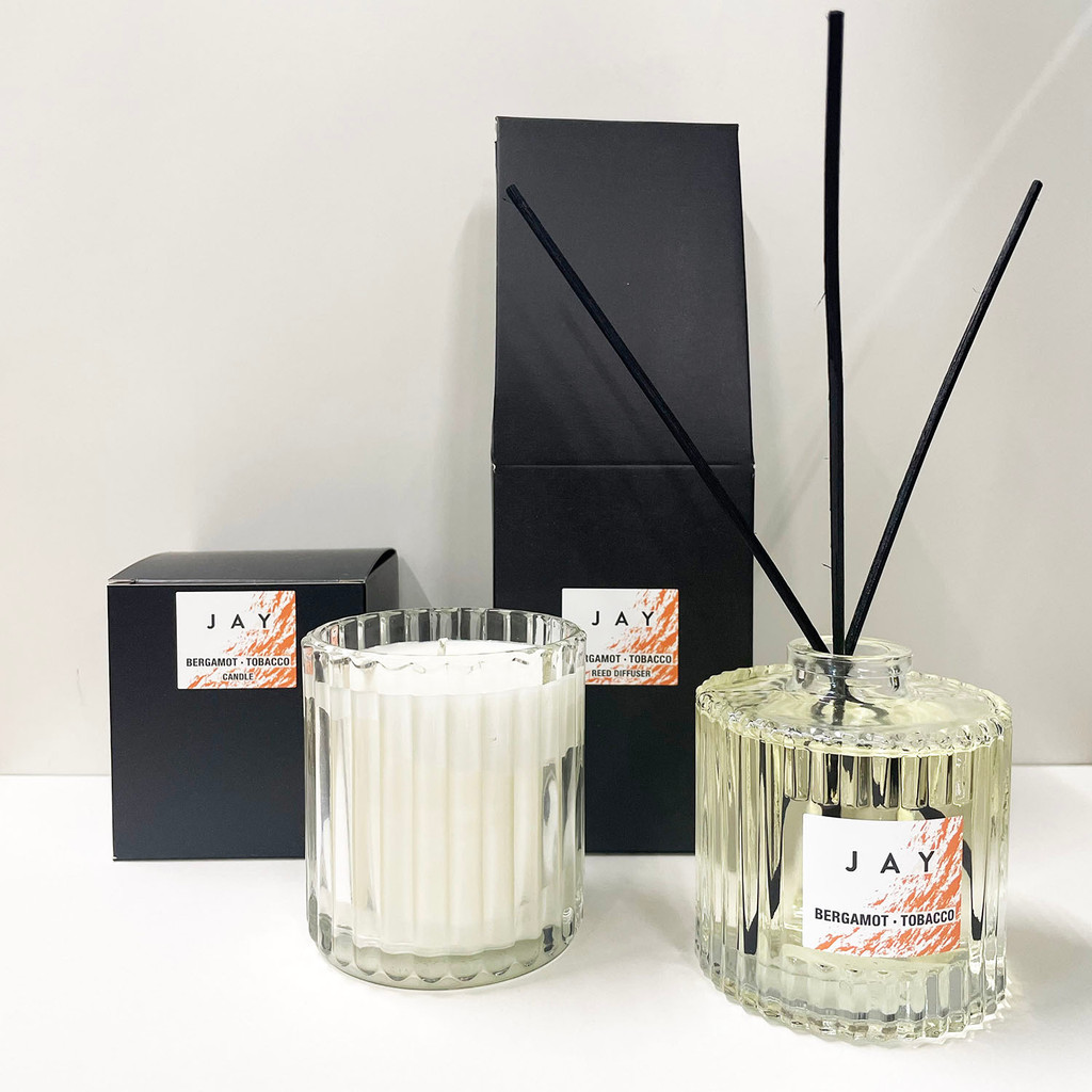 JAY Bergamot & Tobacco Ribbed Glass scented candle & Reed Diffuser by Jacky Al-Samarraie