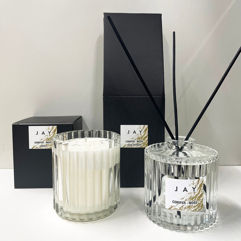 JAY Conifer & Moss Ribbed Glass scented candle & Reed Diffuser by Jacky Al-Samarraie