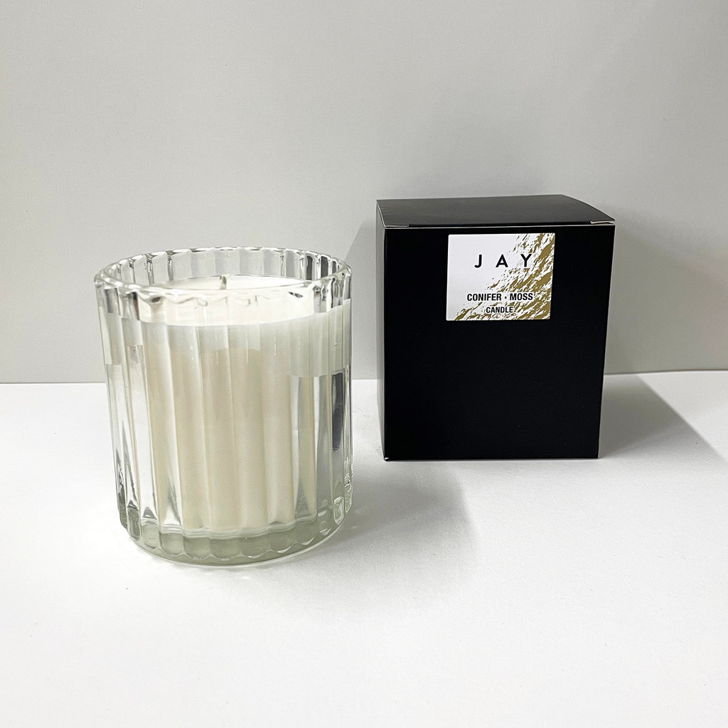 JAY Conifer & Moss Ribbed Glass scented candle by Jacky Al-Samarraie