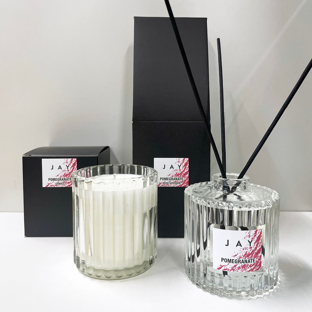 JAY Pomegranate Ribbed Glass scented candle & Reed Diffuser by Jacky Al-Samarraie