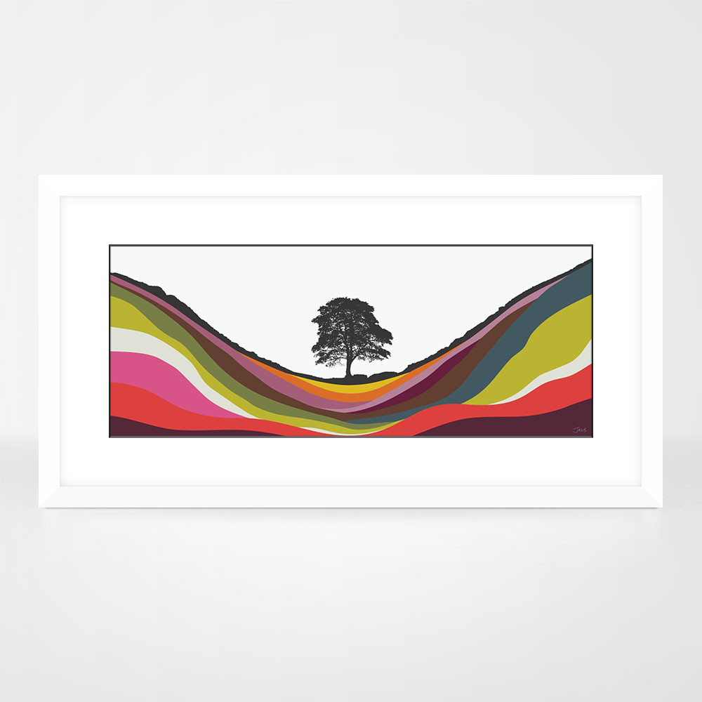 Sycamore Gap Hadrian's Wall Northumberland Multicoloured landscape print by designer Jacky Al-Samarraie, in a white aluminium frame.