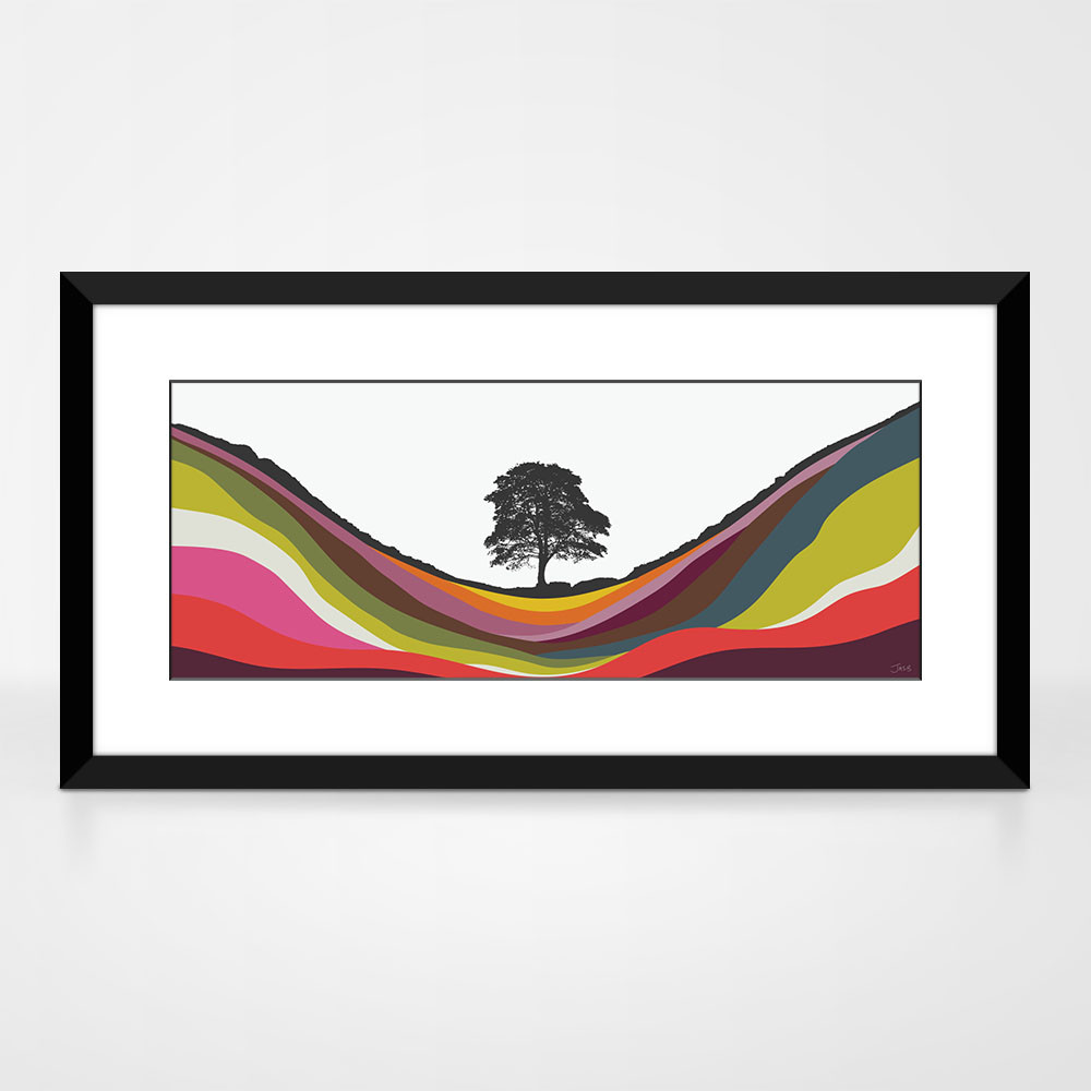 Sycamore Gap Hadrian's Wall Northumberland Multicoloured landscape print by designer Jacky Al-Samarraie, in a black frame.