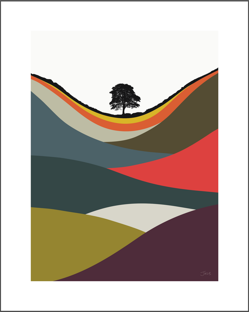 Sycamore Gap Multicoloured landscape print by designer Jacky Al-Samarraie. 