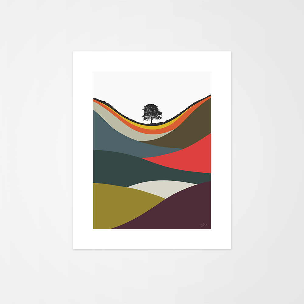 Sycamore Gap Multicoloured landscape print by designer Jacky Al-Samarraie. 