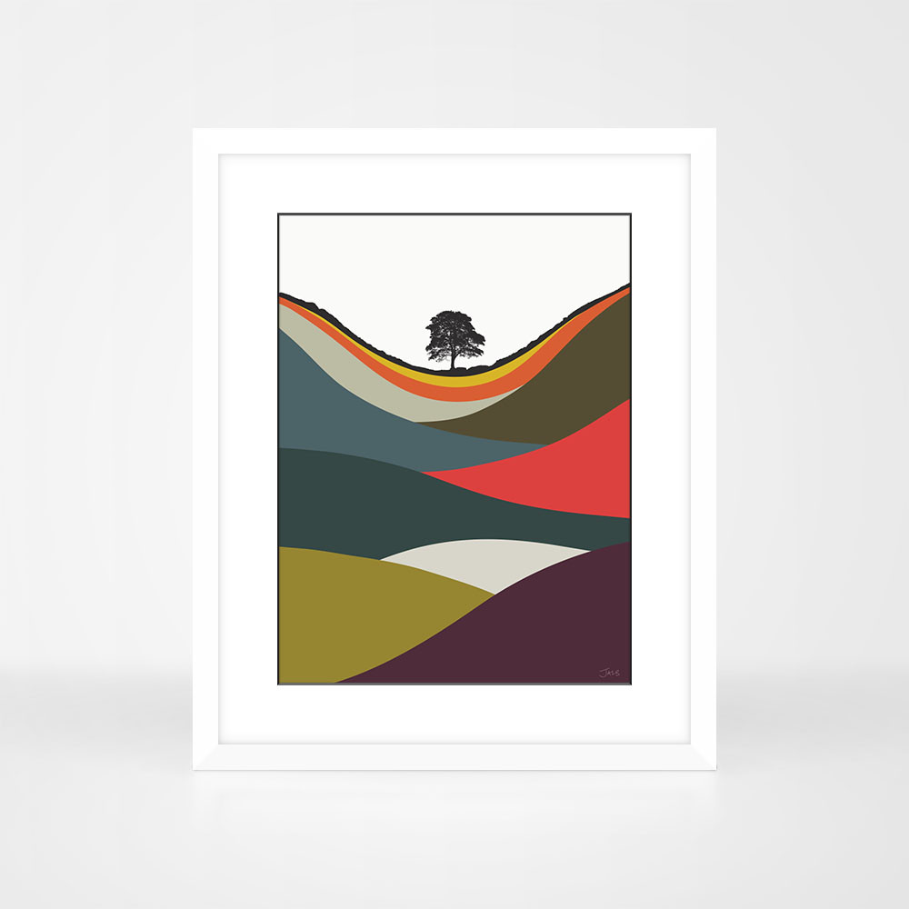 Sycamore Gap Multicoloured landscape print by designer Jacky Al-Samarraie, in a white frame.