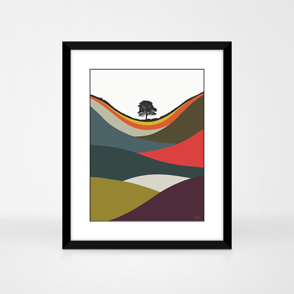 Sycamore Gap Multicoloured landscape print by designer Jacky Al-Samarraie, in a black frame.