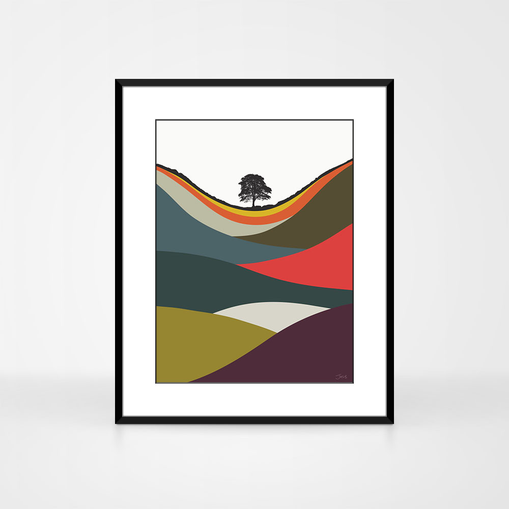 Sycamore Gap Multicoloured landscape print by designer Jacky Al-Samarraie, in a black aluminium frame.