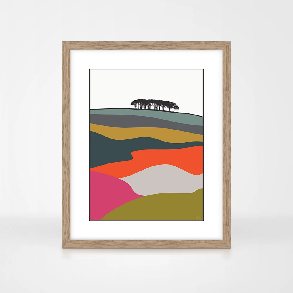 Guiseley, Leeds Multicoloured landscape print by designer Jacky Al-Samarraie, in an oak frame.