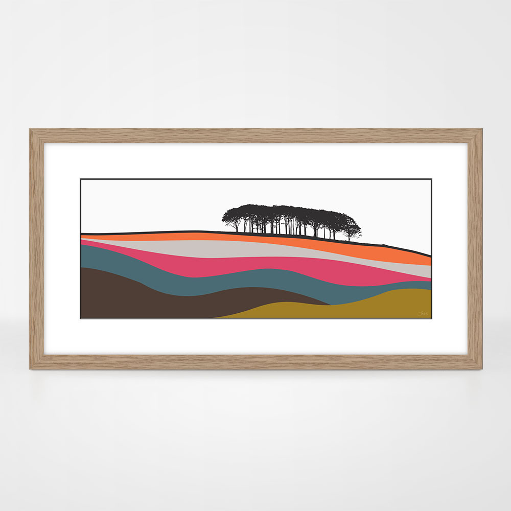 Guiseley, Leeds Multicoloured landscape print by designer Jacky Al-Samarraie, in an oak frame.