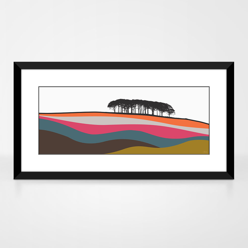 Guiseley, Leeds Multicoloured landscape print by designer Jacky Al-Samarraie, in a black frame.