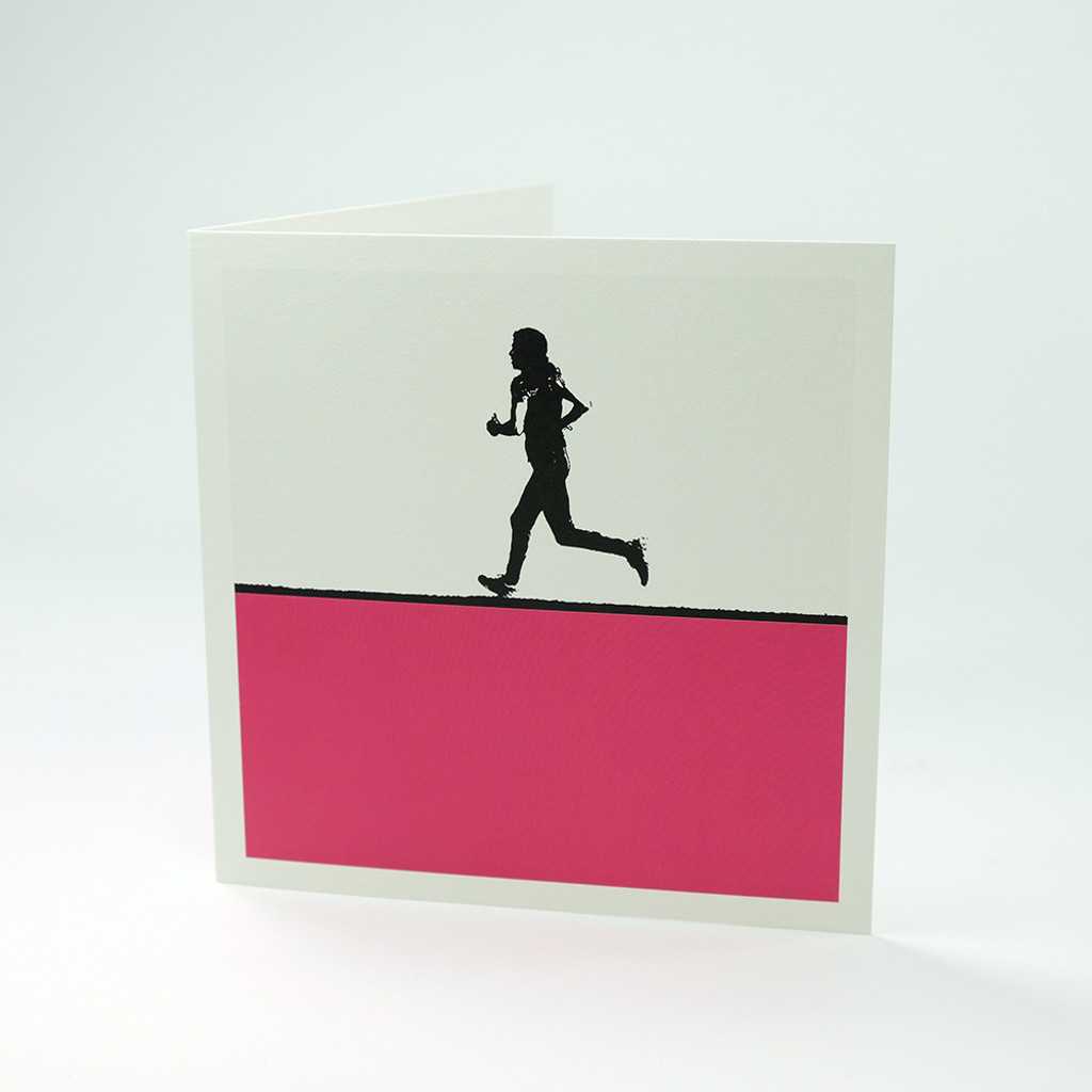 Female runner greeting card by Jacky Al-Samarraie