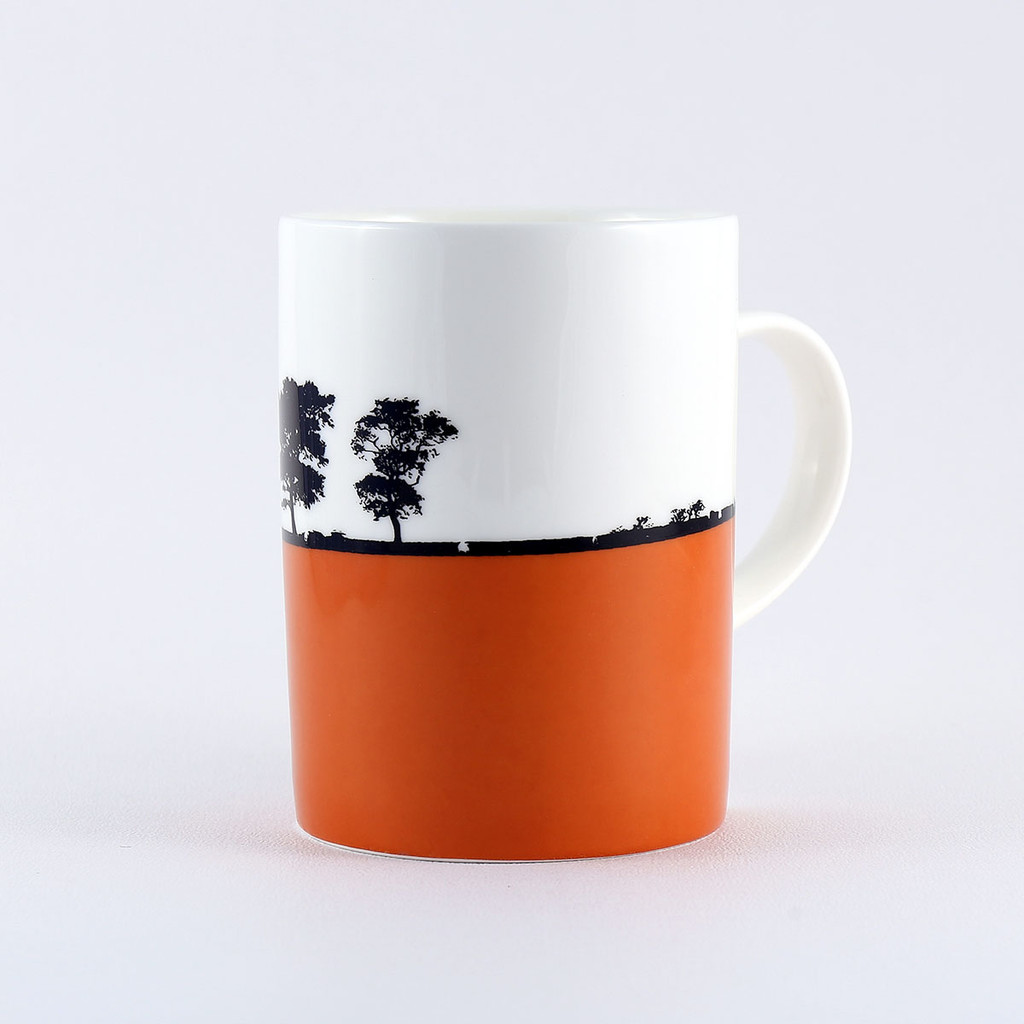 Orange Ilkley Landscape bone china mug, by Jacky Al-Samarraie