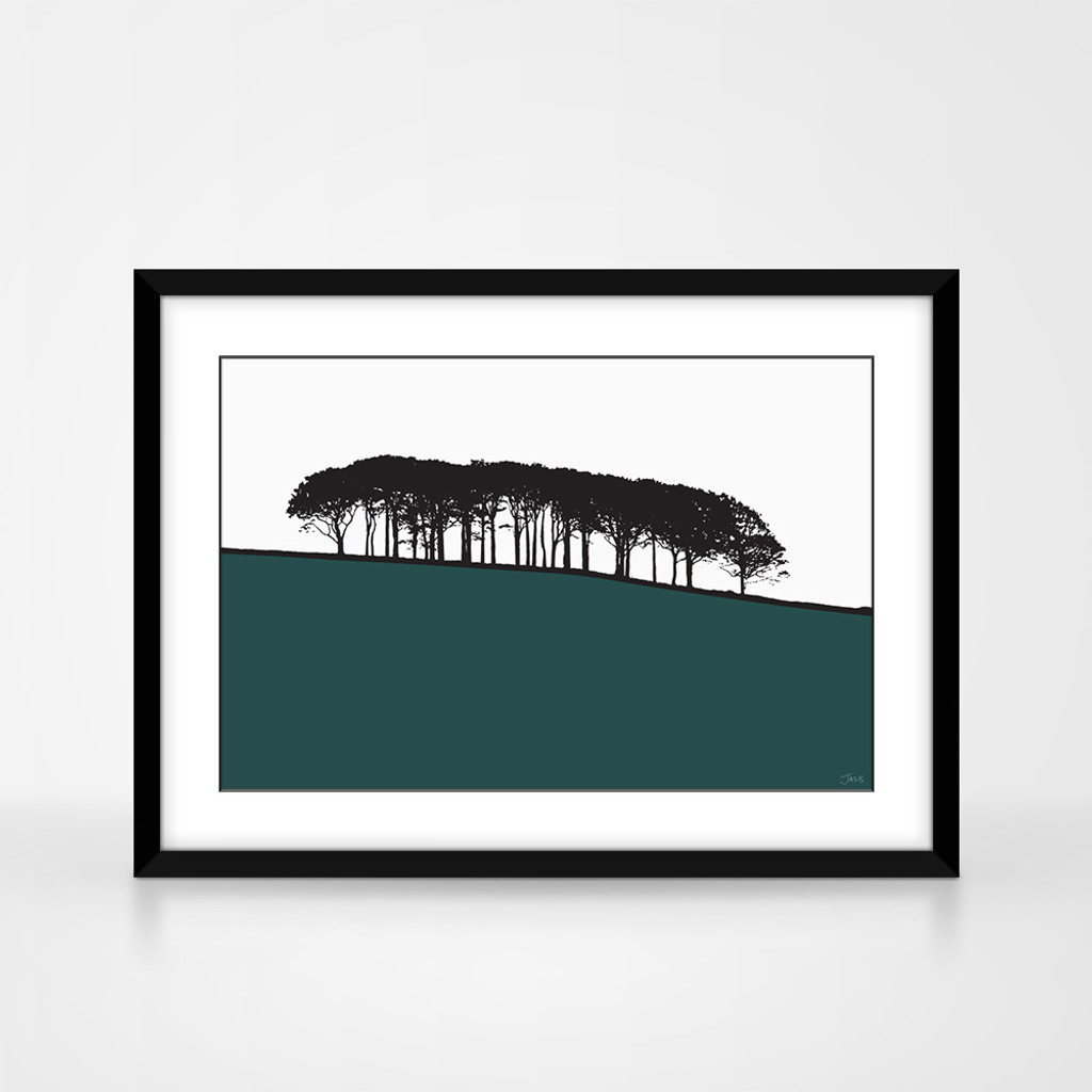 Art landscape print of Guiseley, West Yorkshire by designer Jacky Al-Samarraie, mounted and framed.