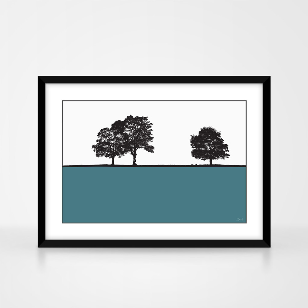 Art landscape print of Ringinglow, Sheffield, Yorkshire by designer Jacky Al-Samarraie, mounted and framed.