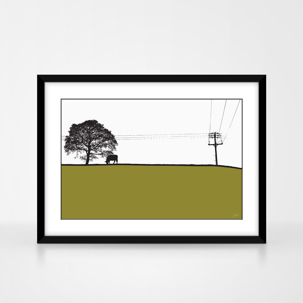 Landscape print of Yeadon, Yorkshire by designer Jacky Al-Samarraie, mounted and framed.