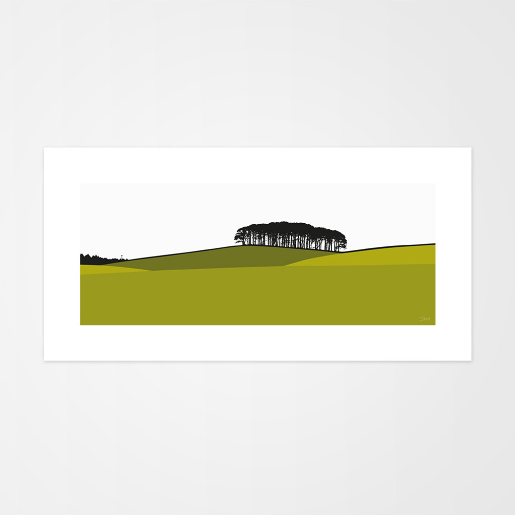 Landscape print of Laurieston in Dumfries and Galloway, Scotland by designer Jacky Al-Samarraie. Print colour is green.